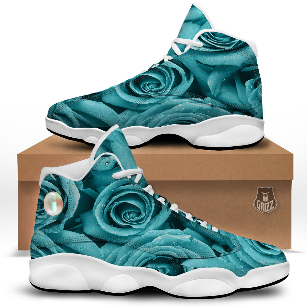 Flower Turquoise Rose Print White Basketball Shoes-grizzshop