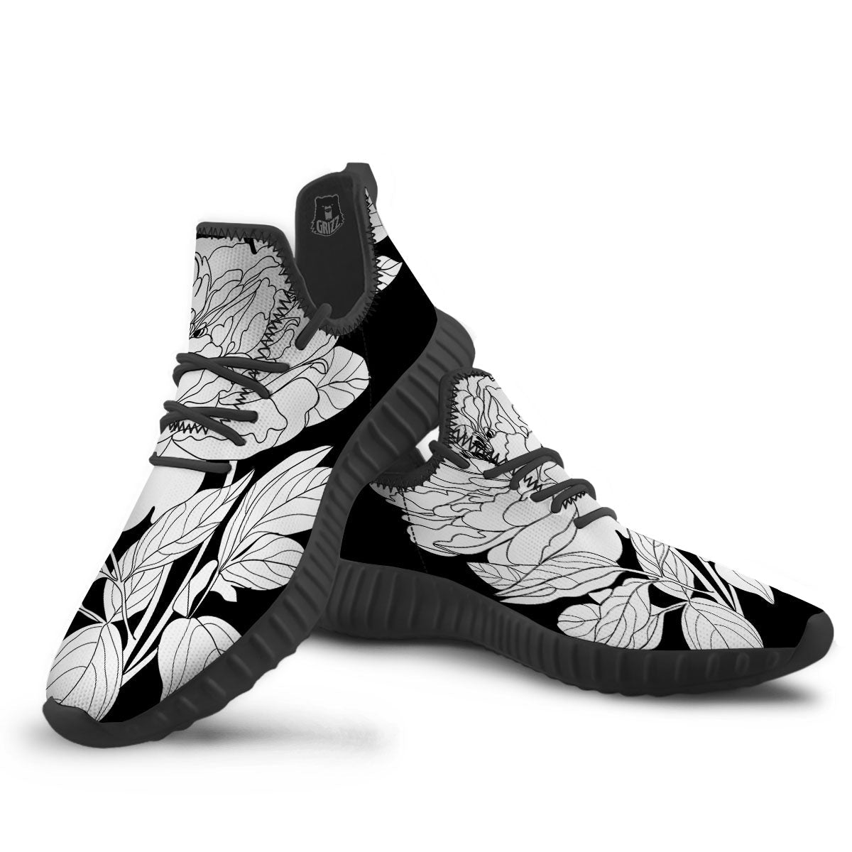 Flower White And Black Print Black Walking Shoes-grizzshop