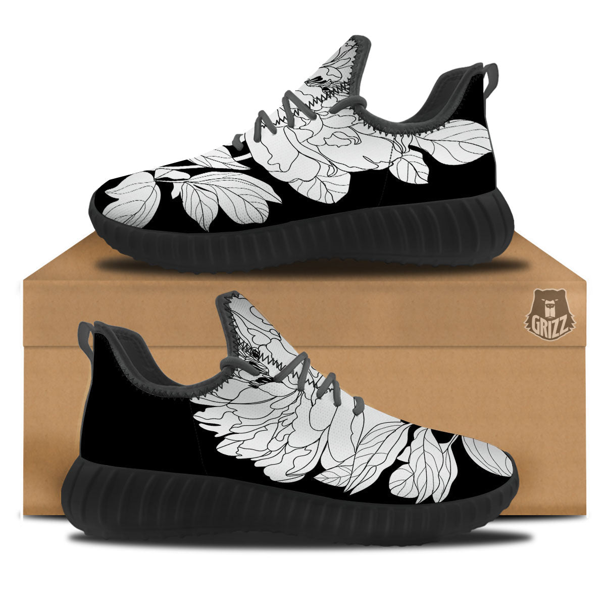 Flower White And Black Print Black Walking Shoes-grizzshop
