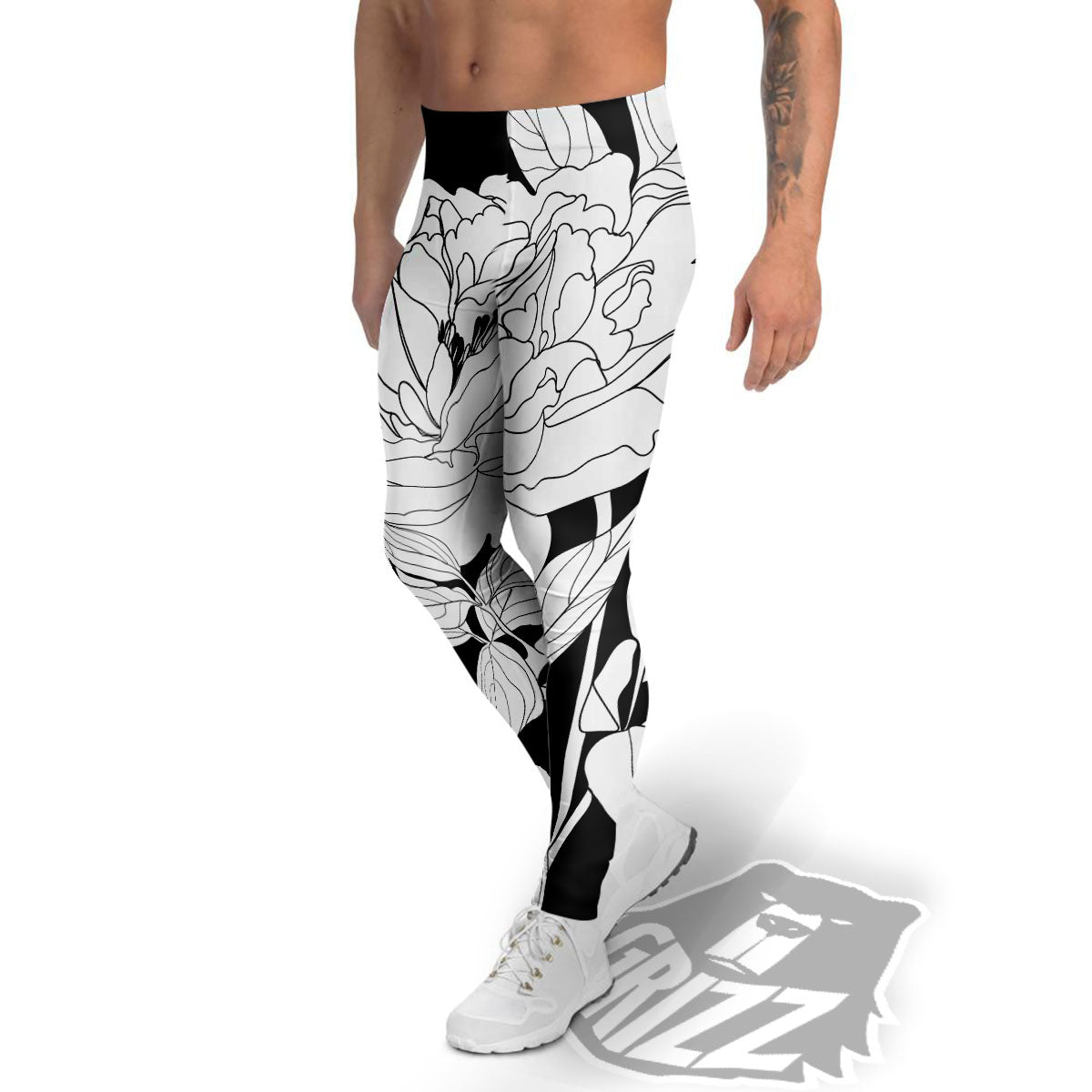 Flower White And Black Print Men's Leggings-grizzshop