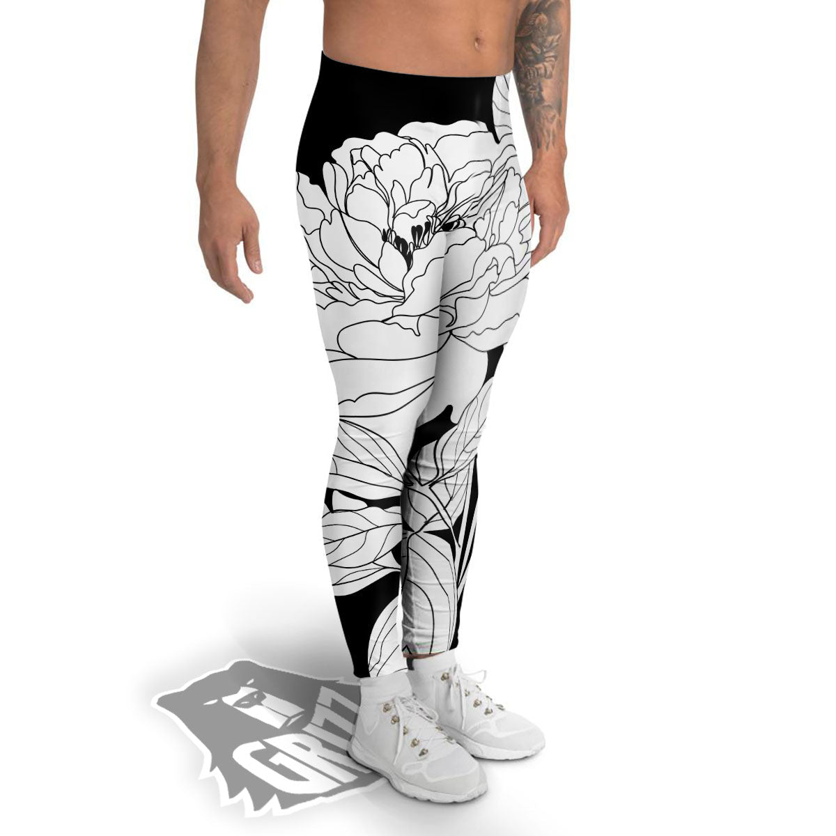 Flower White And Black Print Men's Leggings-grizzshop