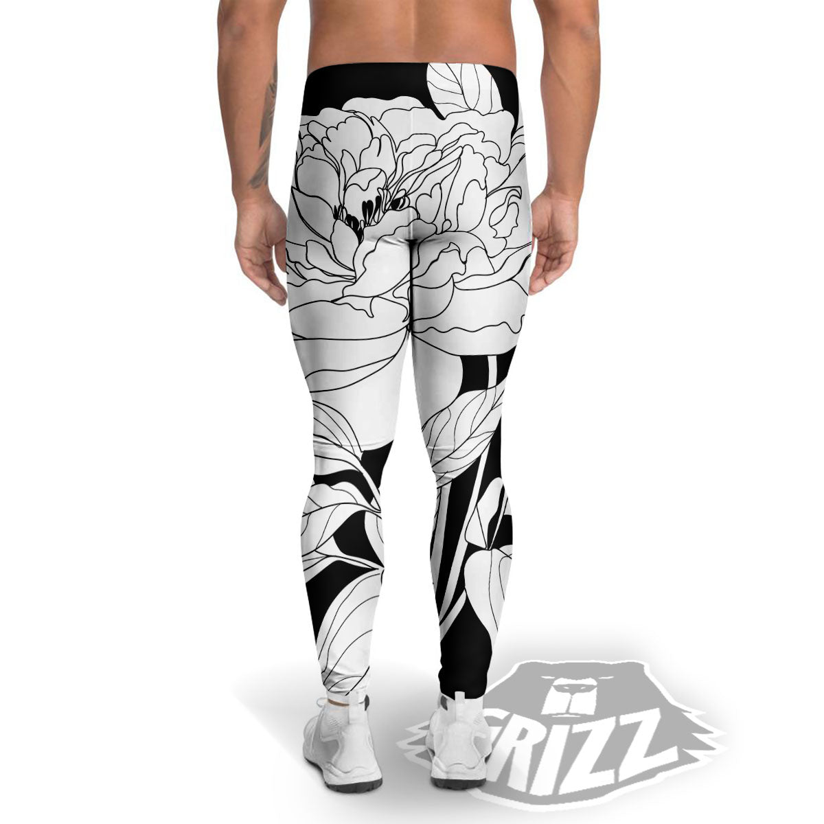 Flower White And Black Print Men's Leggings-grizzshop