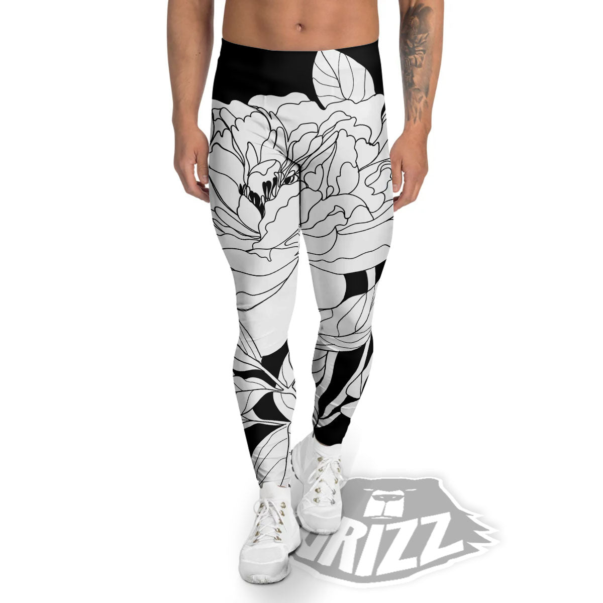 Flower White And Black Print Men's Leggings-grizzshop
