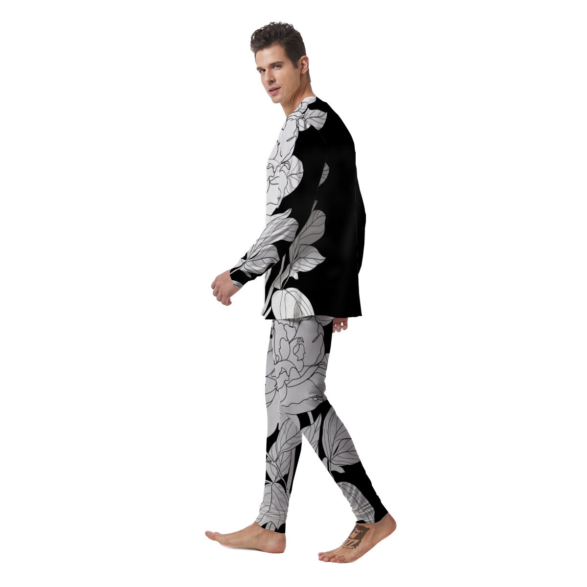 Flower White And Black Print Men's Pajamas-grizzshop