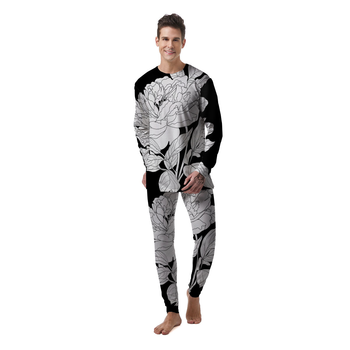 Flower White And Black Print Men's Pajamas-grizzshop