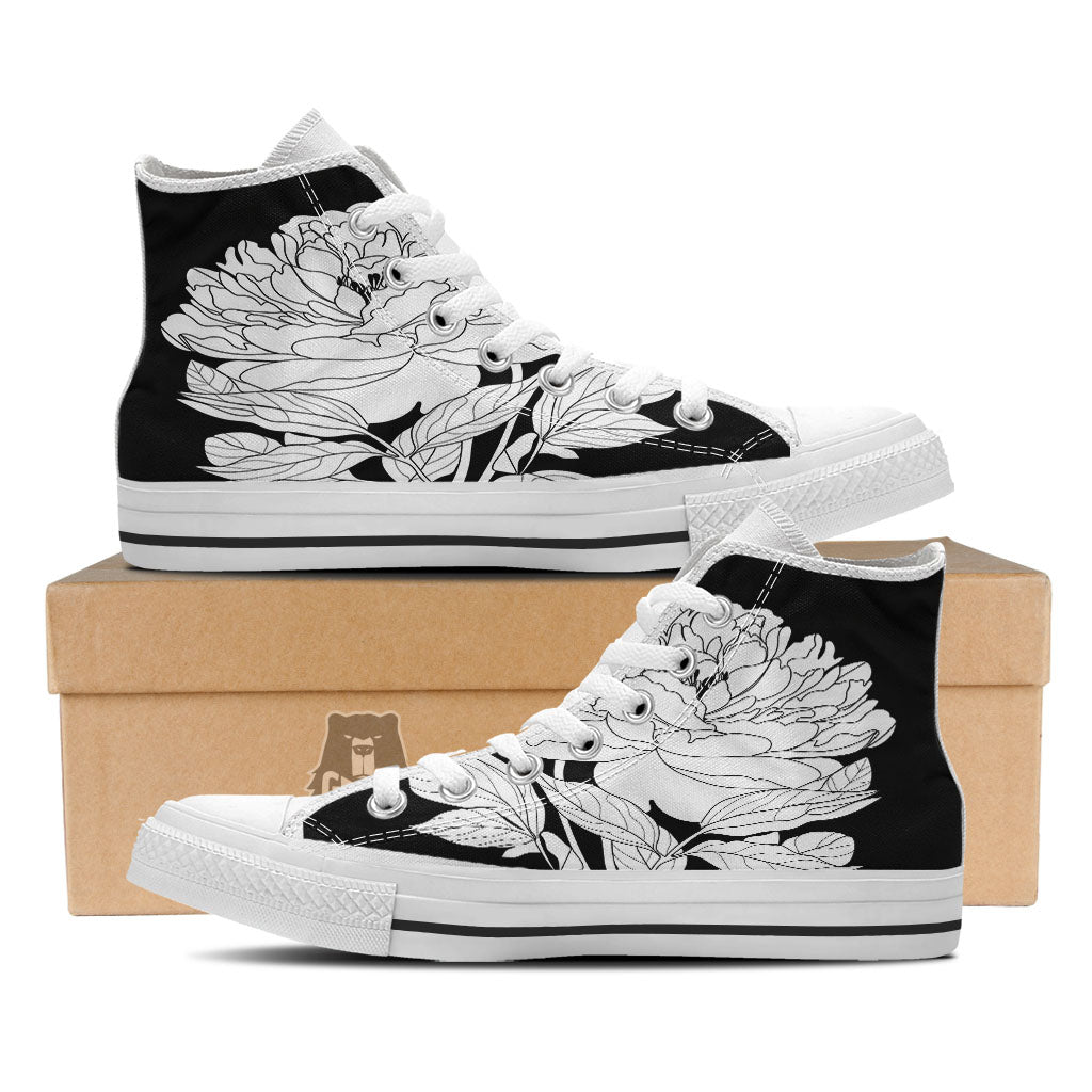 Flower White And Black Print White High Top Shoes-grizzshop