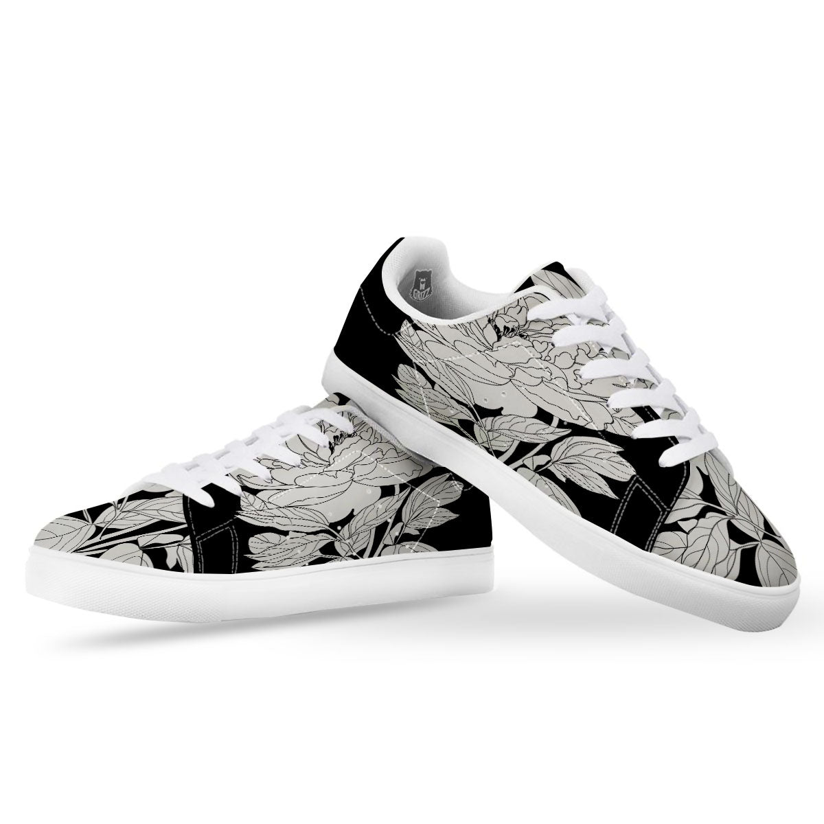 Flower White And Black Print White Low Top Sneakers-grizzshop
