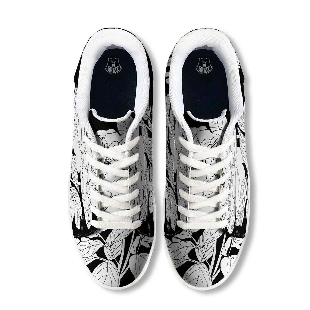 Flower White And Black Print White Low Top Sneakers-grizzshop