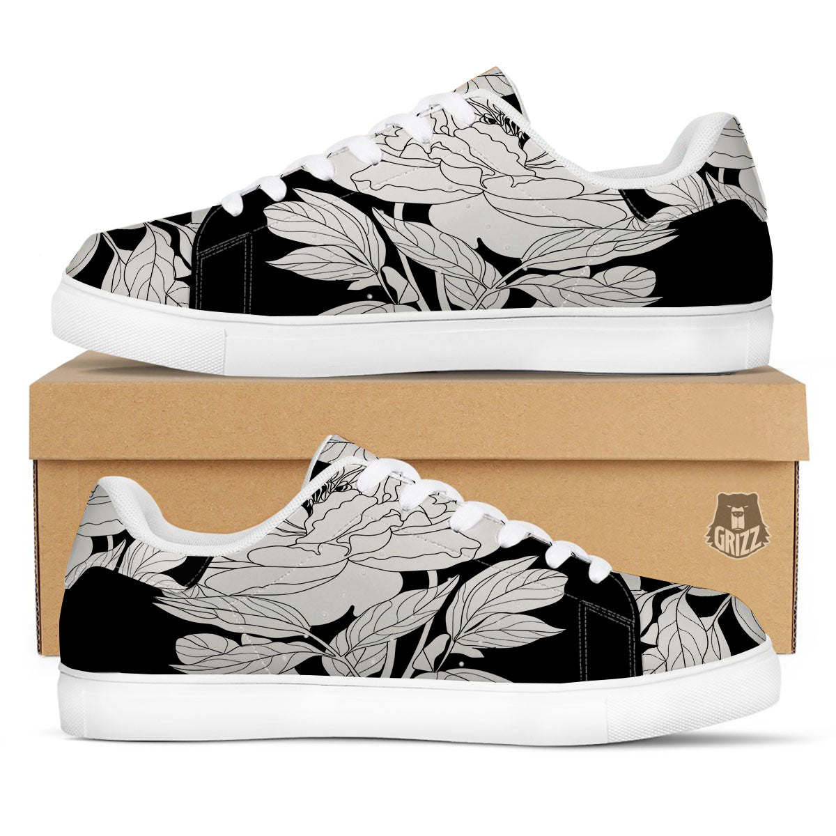 Flower White And Black Print White Low Top Sneakers-grizzshop
