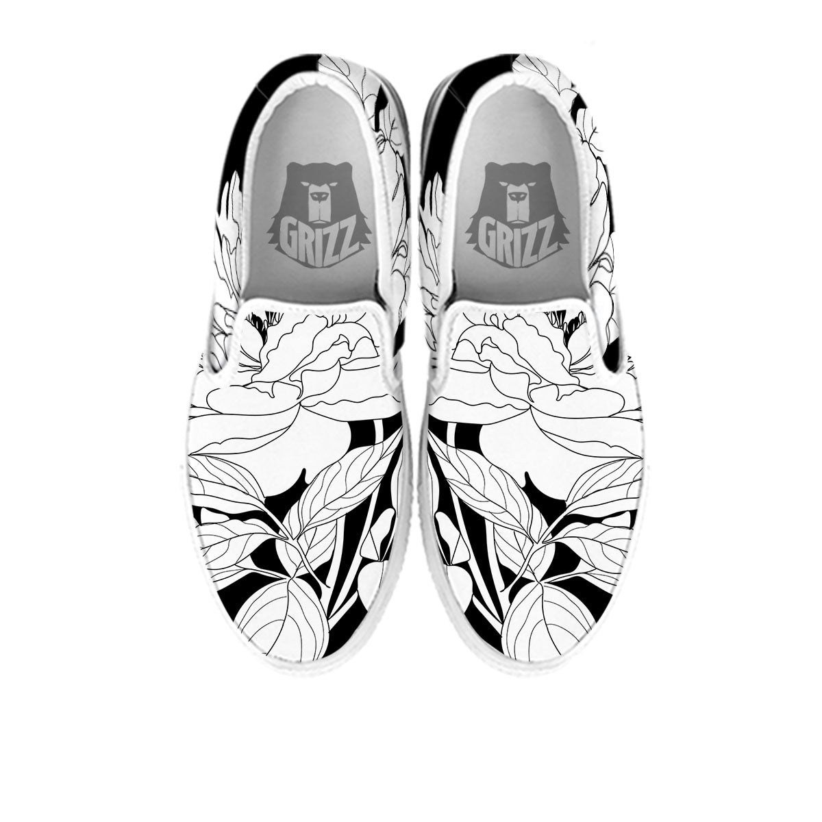 Flower White And Black Print White Slip On Shoes-grizzshop
