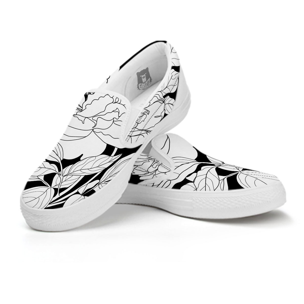 Flower White And Black Print White Slip On Shoes-grizzshop