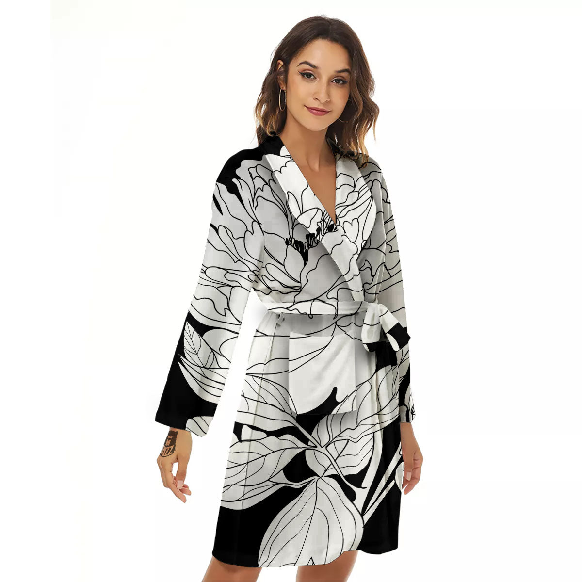 Flower White And Black Print Women's Robe-grizzshop