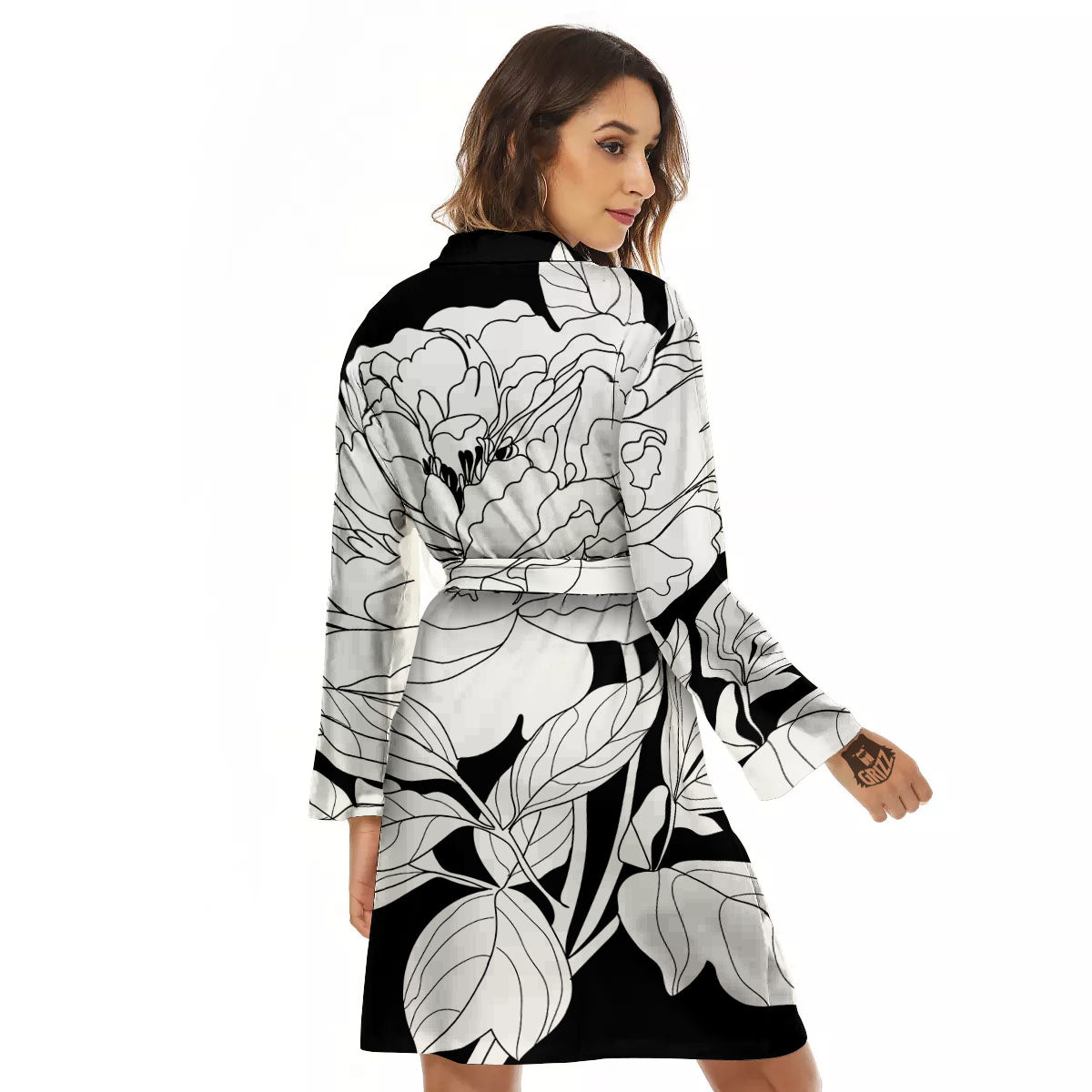 Flower White And Black Print Women's Robe-grizzshop