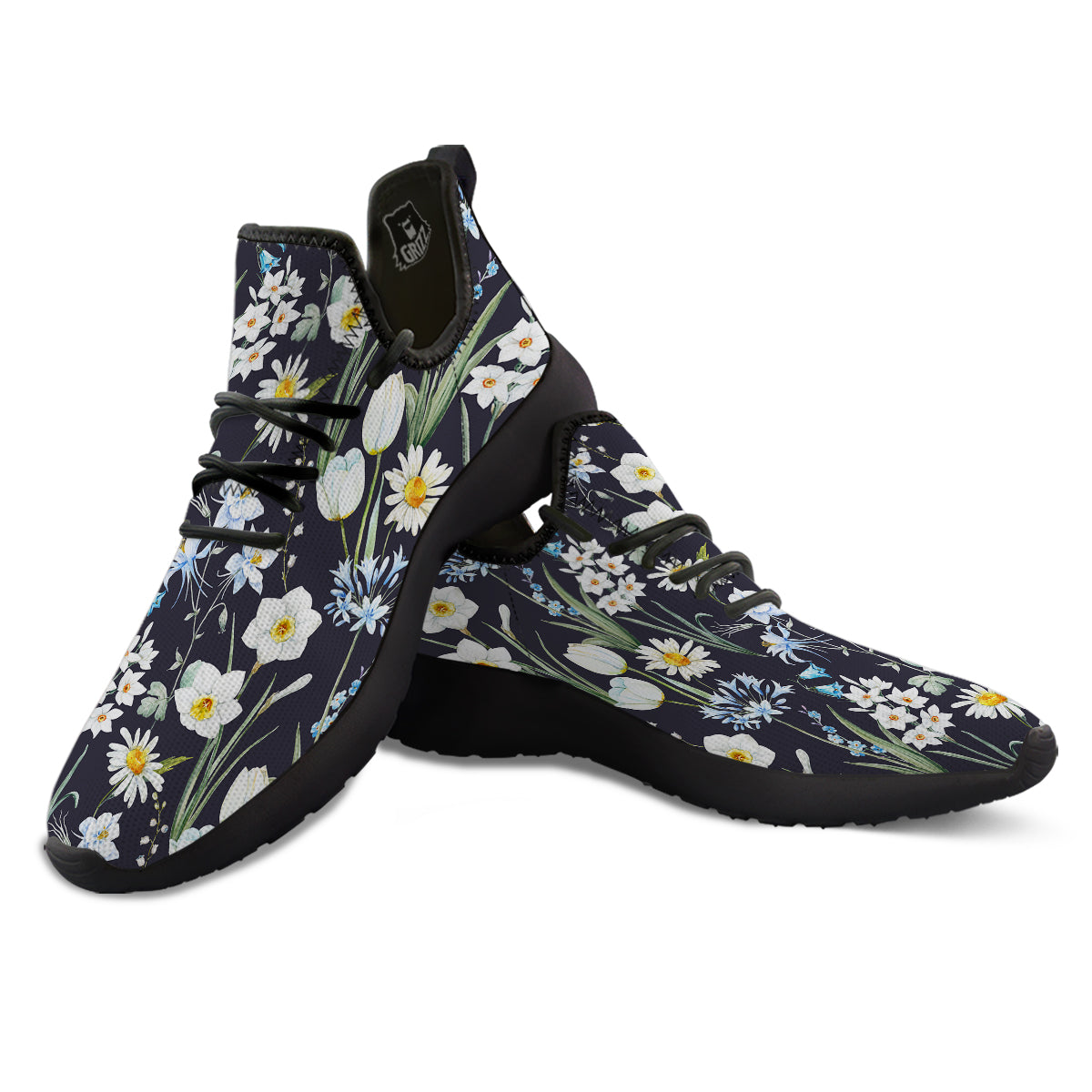 Flower White Daffodil Print Pattern Black Athletic Shoes-grizzshop