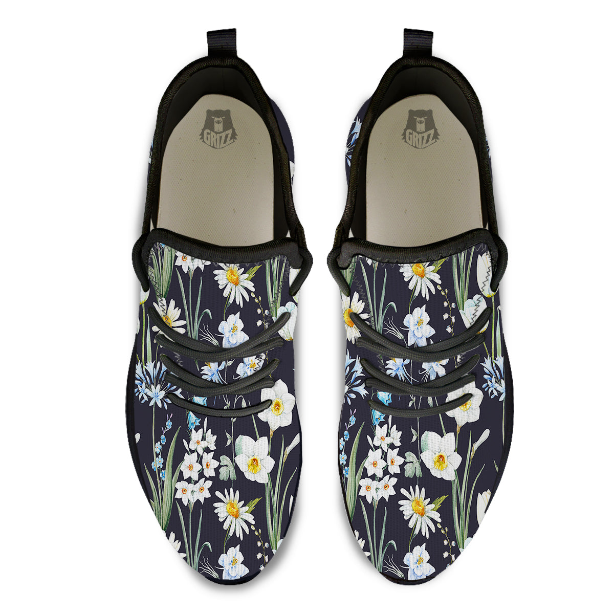 Flower White Daffodil Print Pattern Black Athletic Shoes-grizzshop