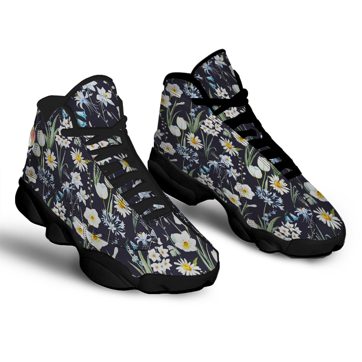 Flower White Daffodil Print Pattern Black Basketball Shoes-grizzshop