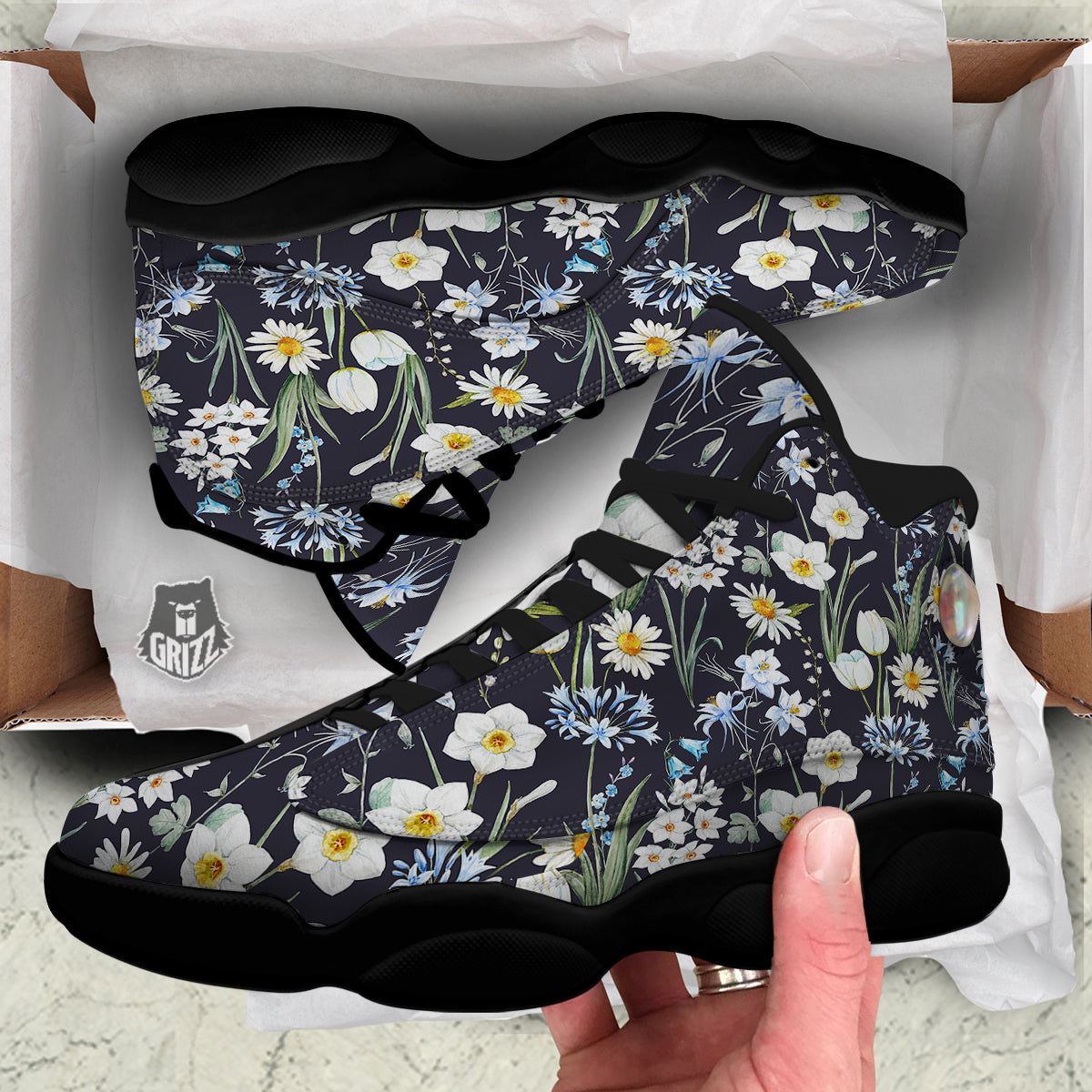 Flower White Daffodil Print Pattern Black Basketball Shoes-grizzshop