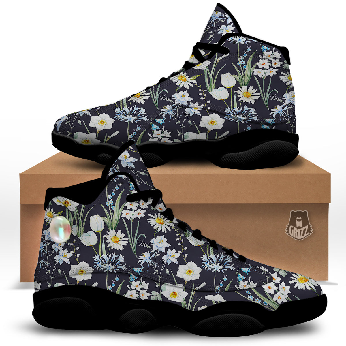 Flower White Daffodil Print Pattern Black Basketball Shoes-grizzshop