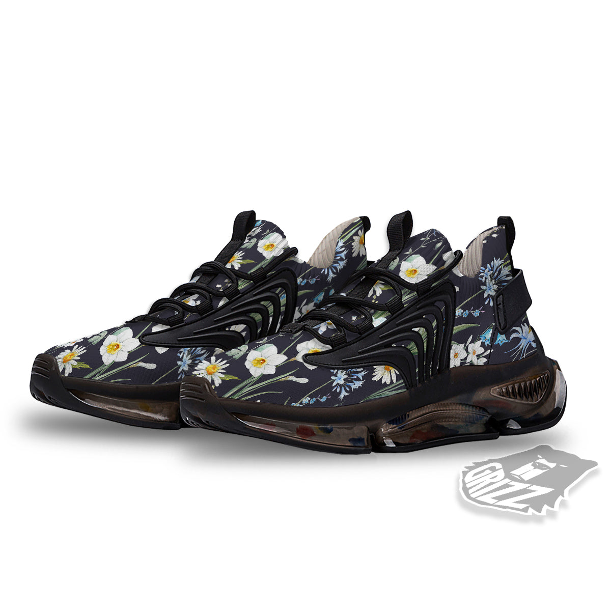 Flower White Daffodil Print Pattern Black Gym Shoes-grizzshop