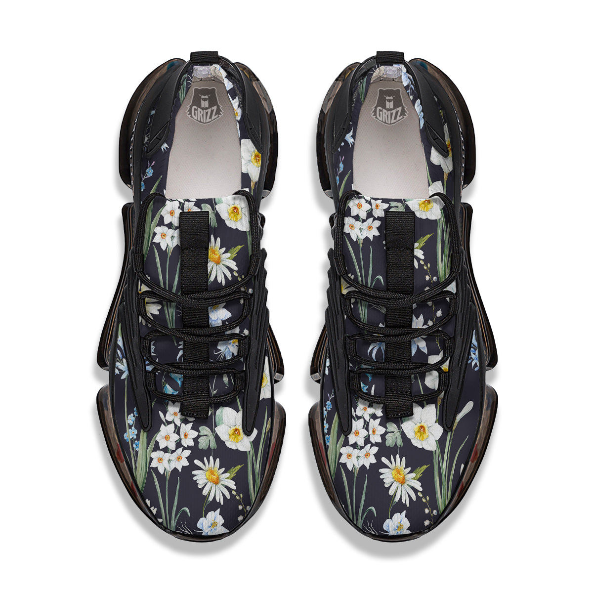 Flower White Daffodil Print Pattern Black Gym Shoes-grizzshop