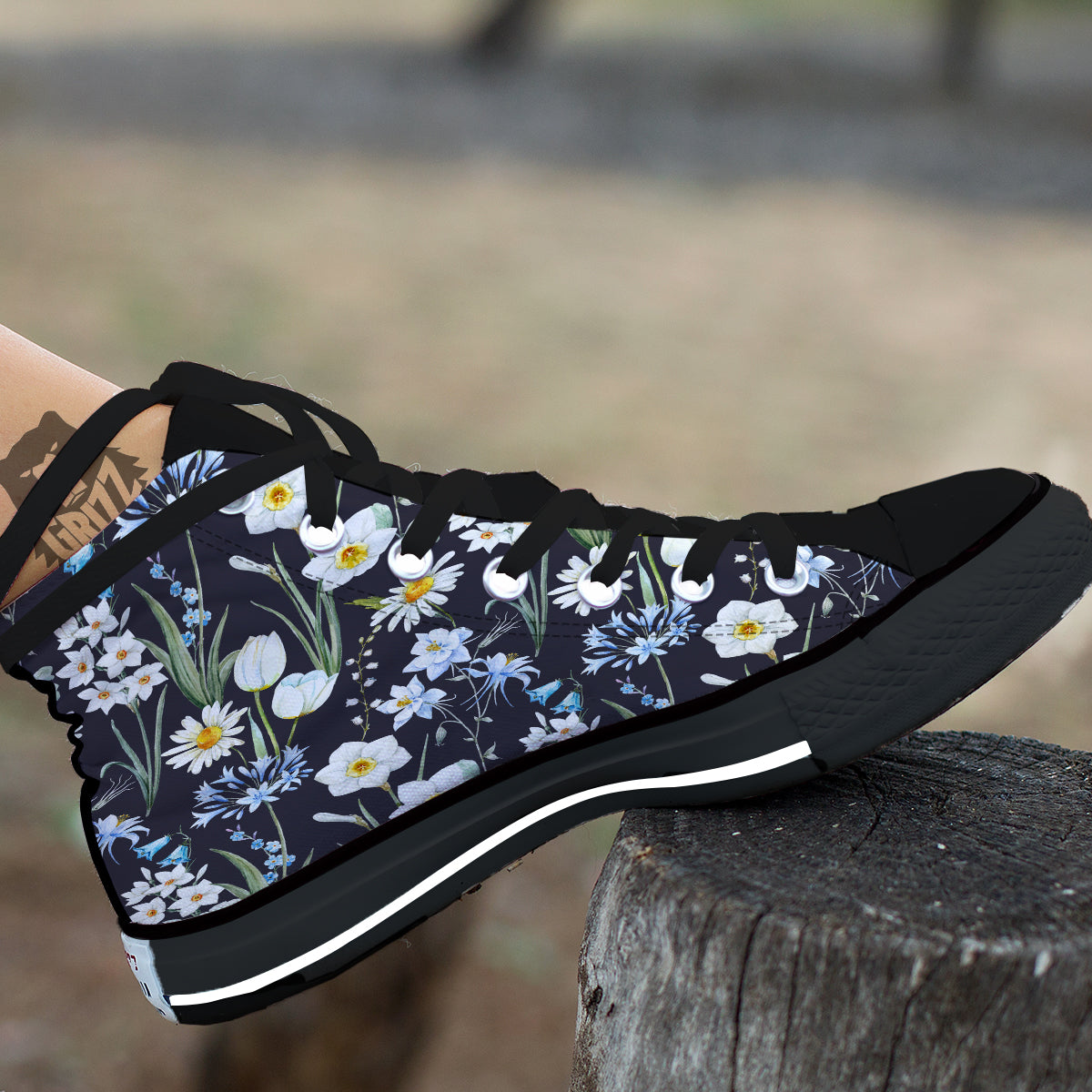 Flower White Daffodil Print Pattern Black High Top Shoes-grizzshop