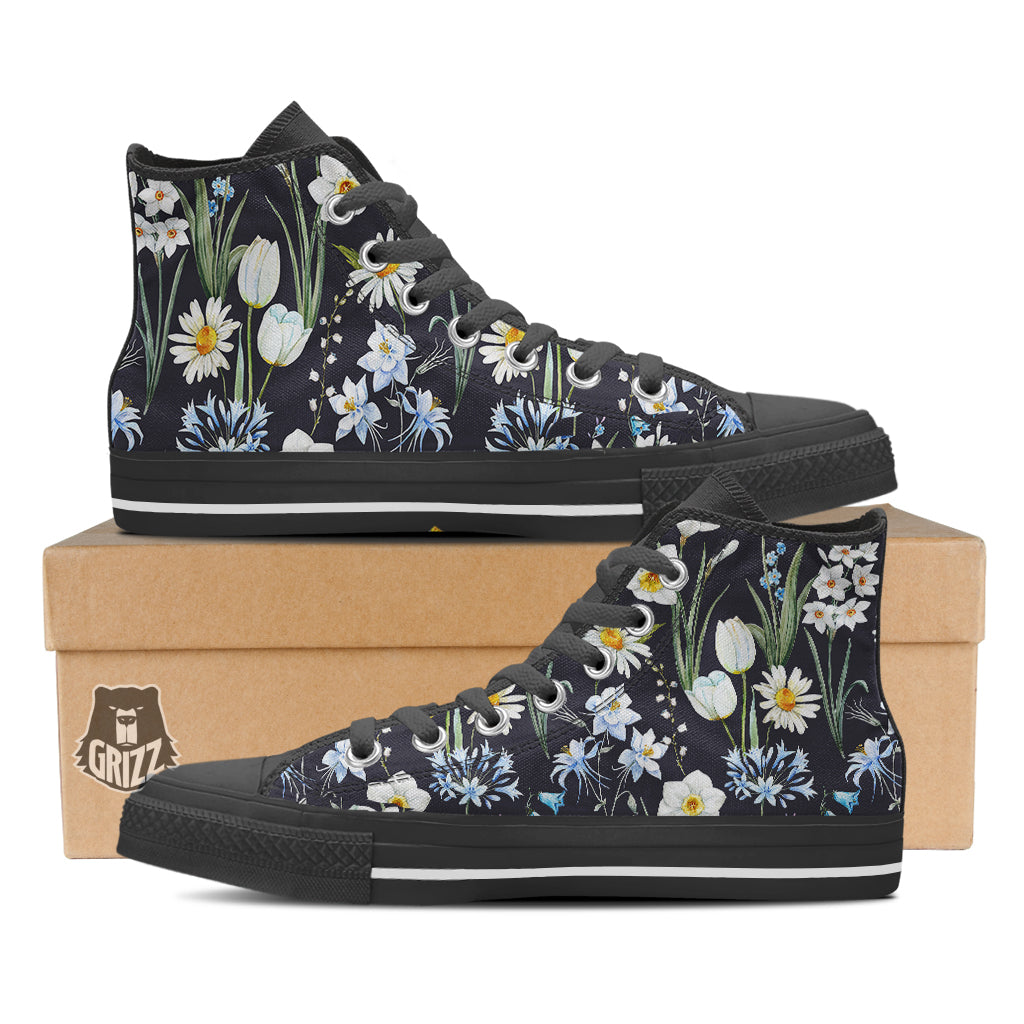Flower White Daffodil Print Pattern Black High Top Shoes-grizzshop