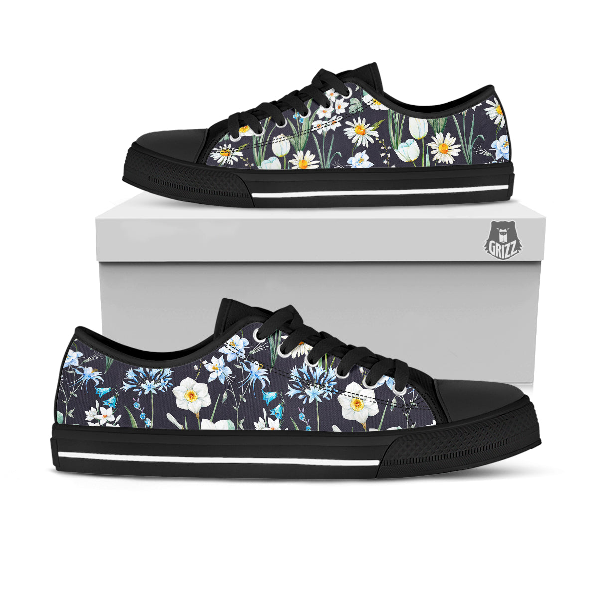 Flower White Daffodil Print Pattern Black Low Top Shoes-grizzshop