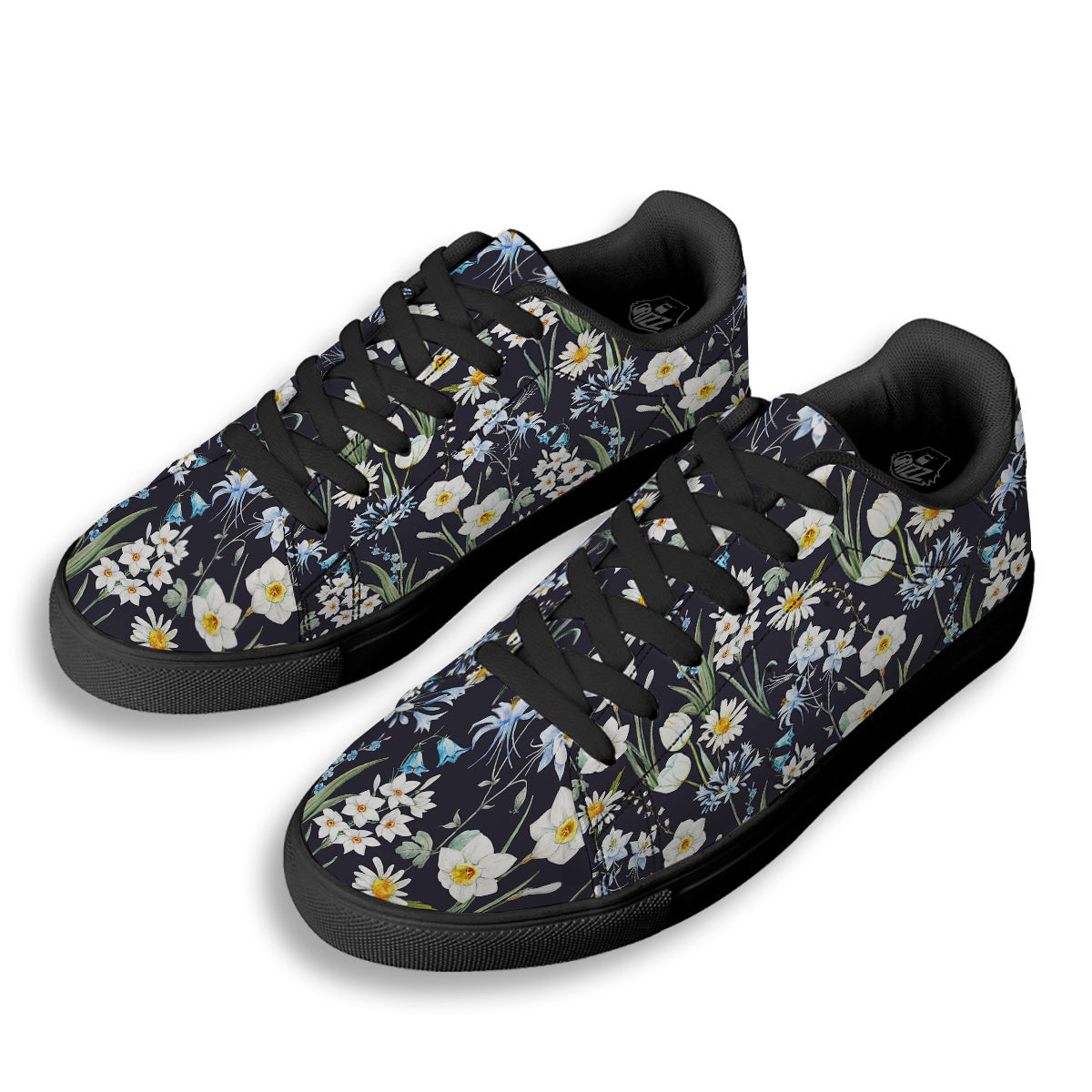 Flower White Daffodil Print Pattern Black Low Top Sneakers-grizzshop