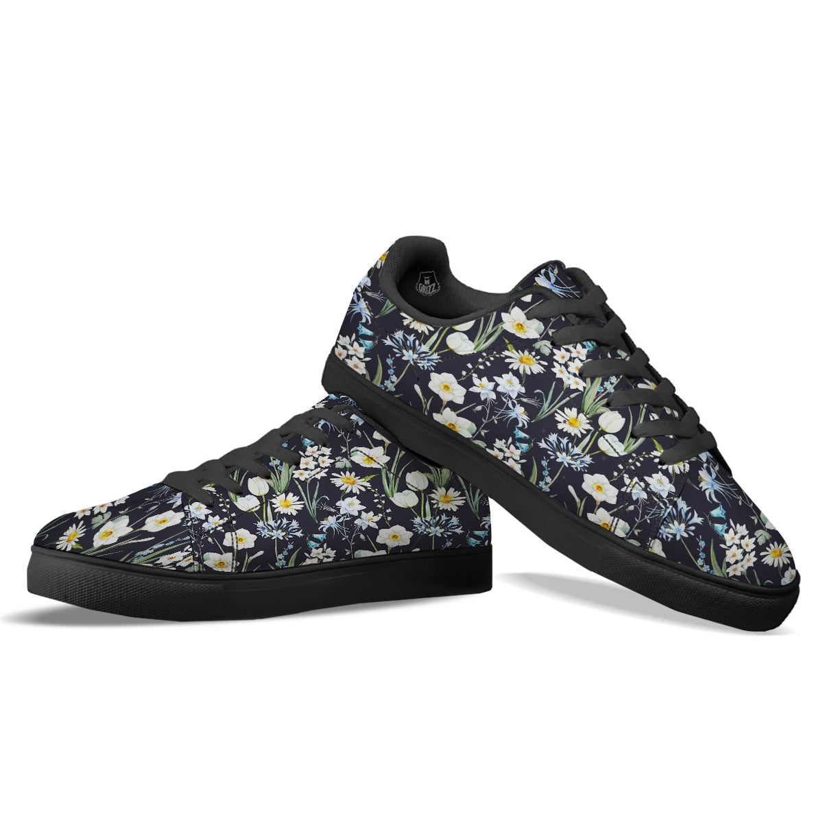 Flower White Daffodil Print Pattern Black Low Top Sneakers-grizzshop