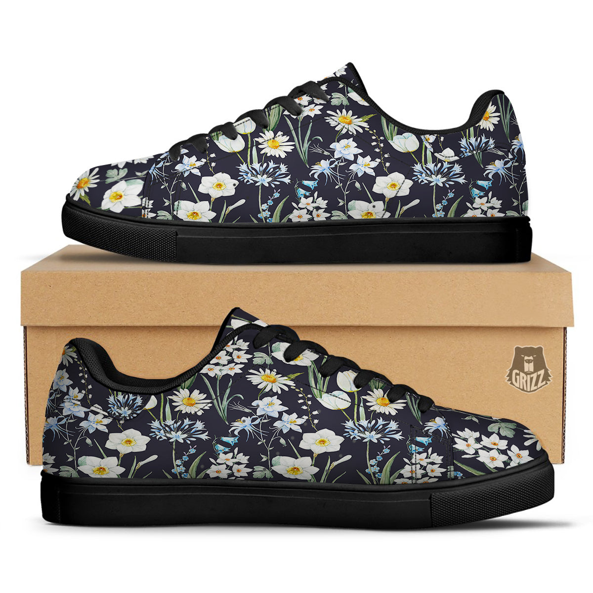 Flower White Daffodil Print Pattern Black Low Top Sneakers-grizzshop