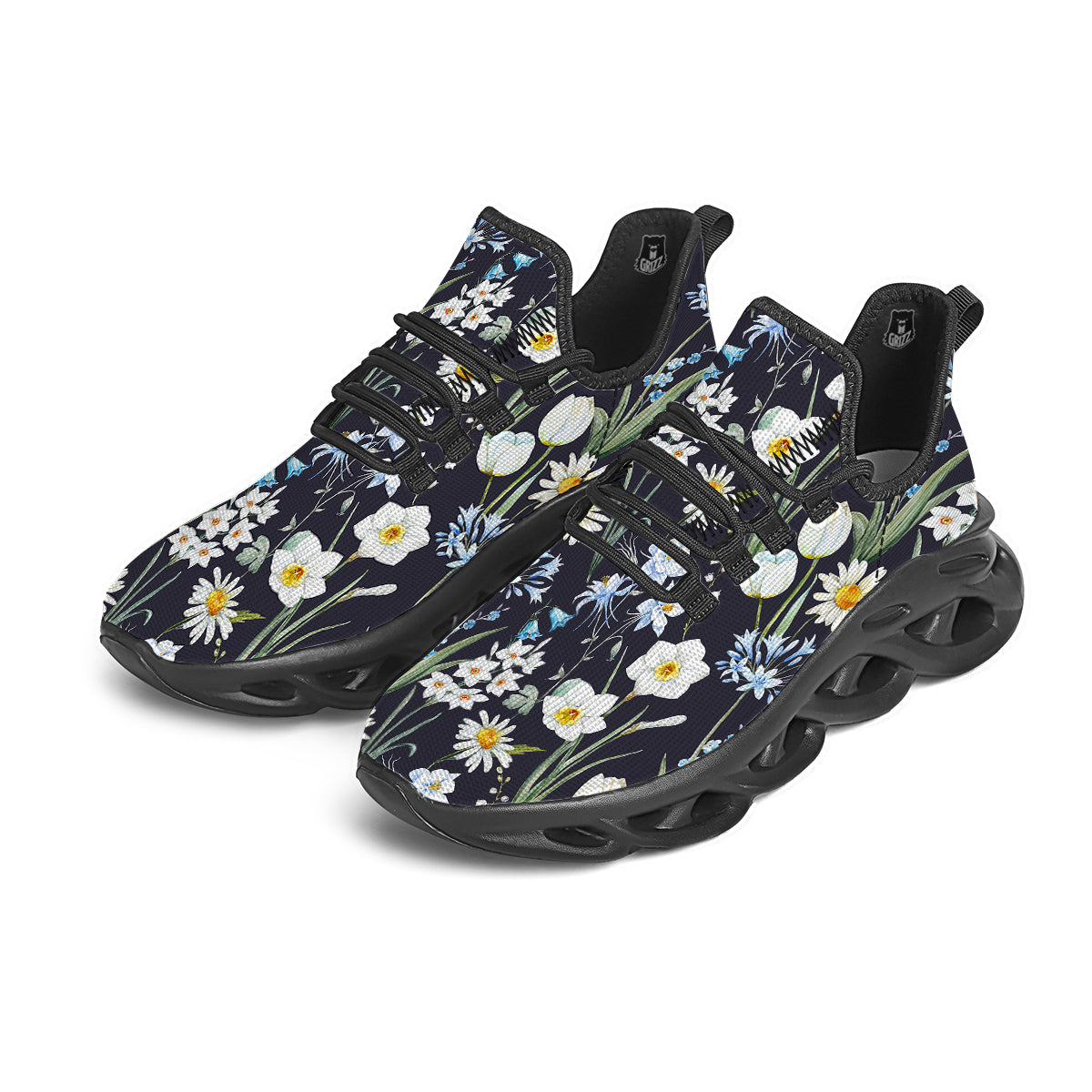 Flower White Daffodil Print Pattern Black Running Shoes-grizzshop