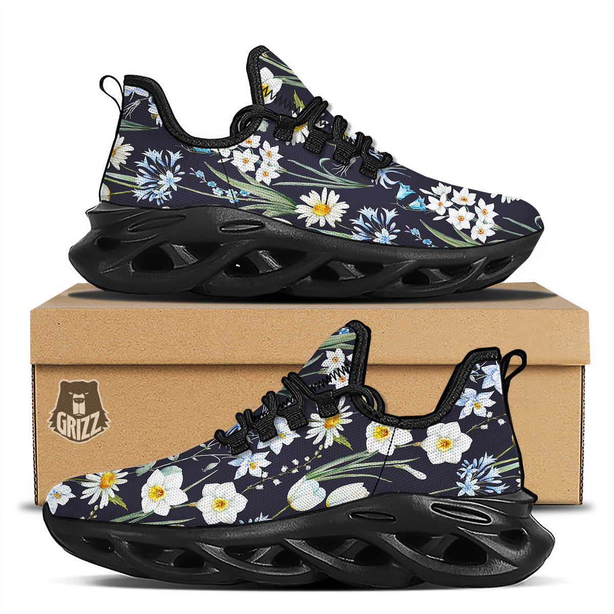 Flower White Daffodil Print Pattern Black Running Shoes-grizzshop