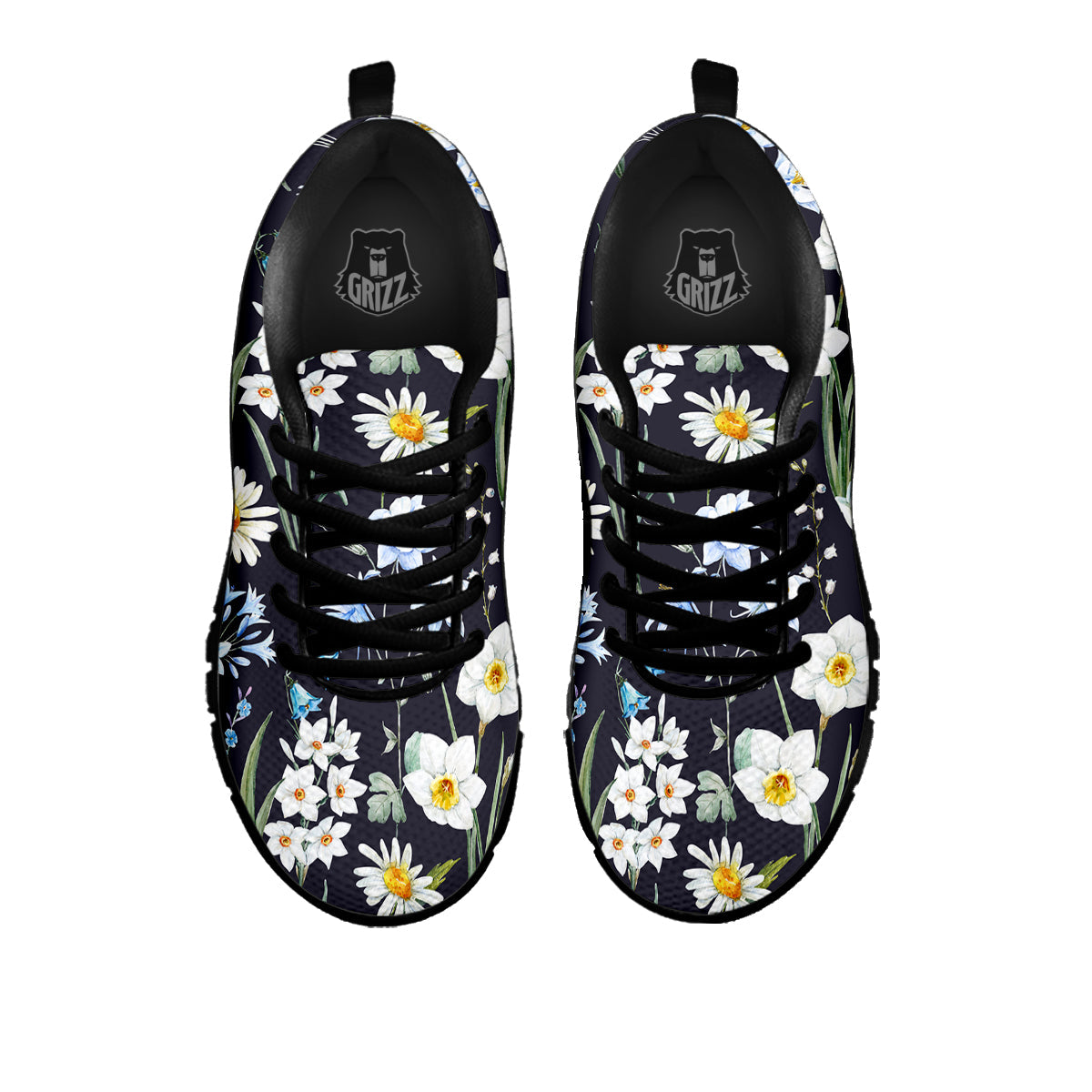 Flower White Daffodil Print Pattern Black Sneaker-grizzshop