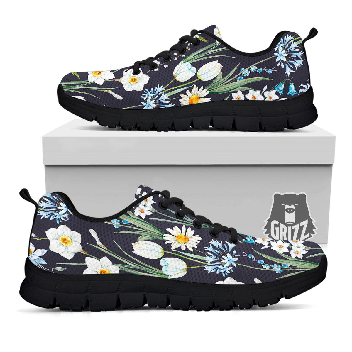 Flower White Daffodil Print Pattern Black Sneaker-grizzshop