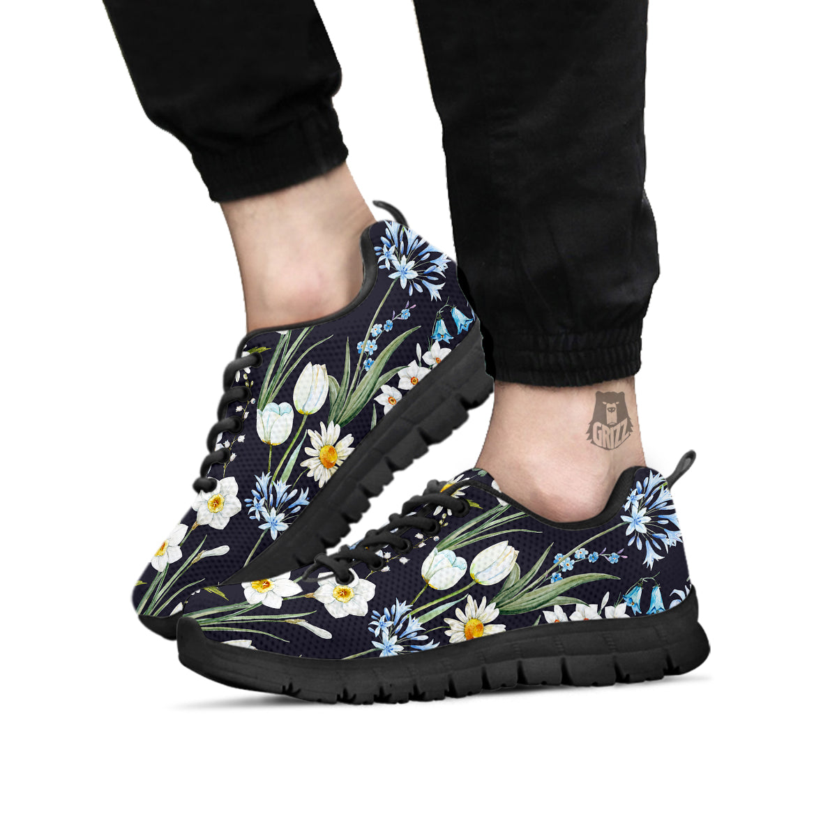 Flower White Daffodil Print Pattern Black Sneaker-grizzshop