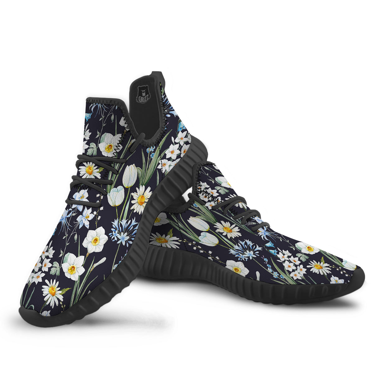 Flower White Daffodil Print Pattern Black Walking Shoes-grizzshop