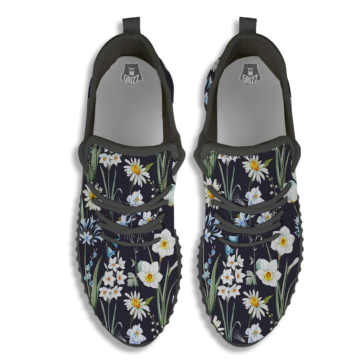 Flower White Daffodil Print Pattern Black Walking Shoes-grizzshop