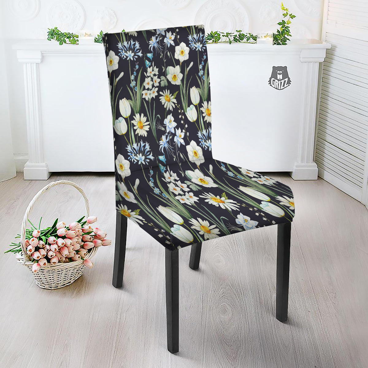 Flower White Daffodil Print Pattern Dining Chair Slipcover-grizzshop