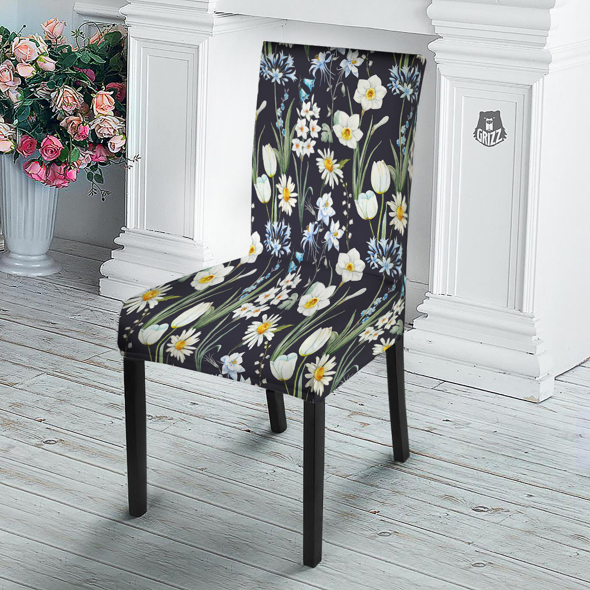 Flower White Daffodil Print Pattern Dining Chair Slipcover-grizzshop