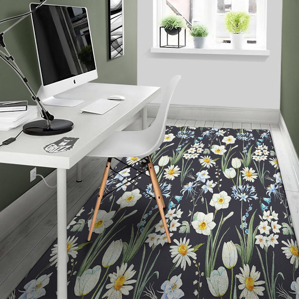 Flower White Daffodil Print Pattern Floor Mat-grizzshop