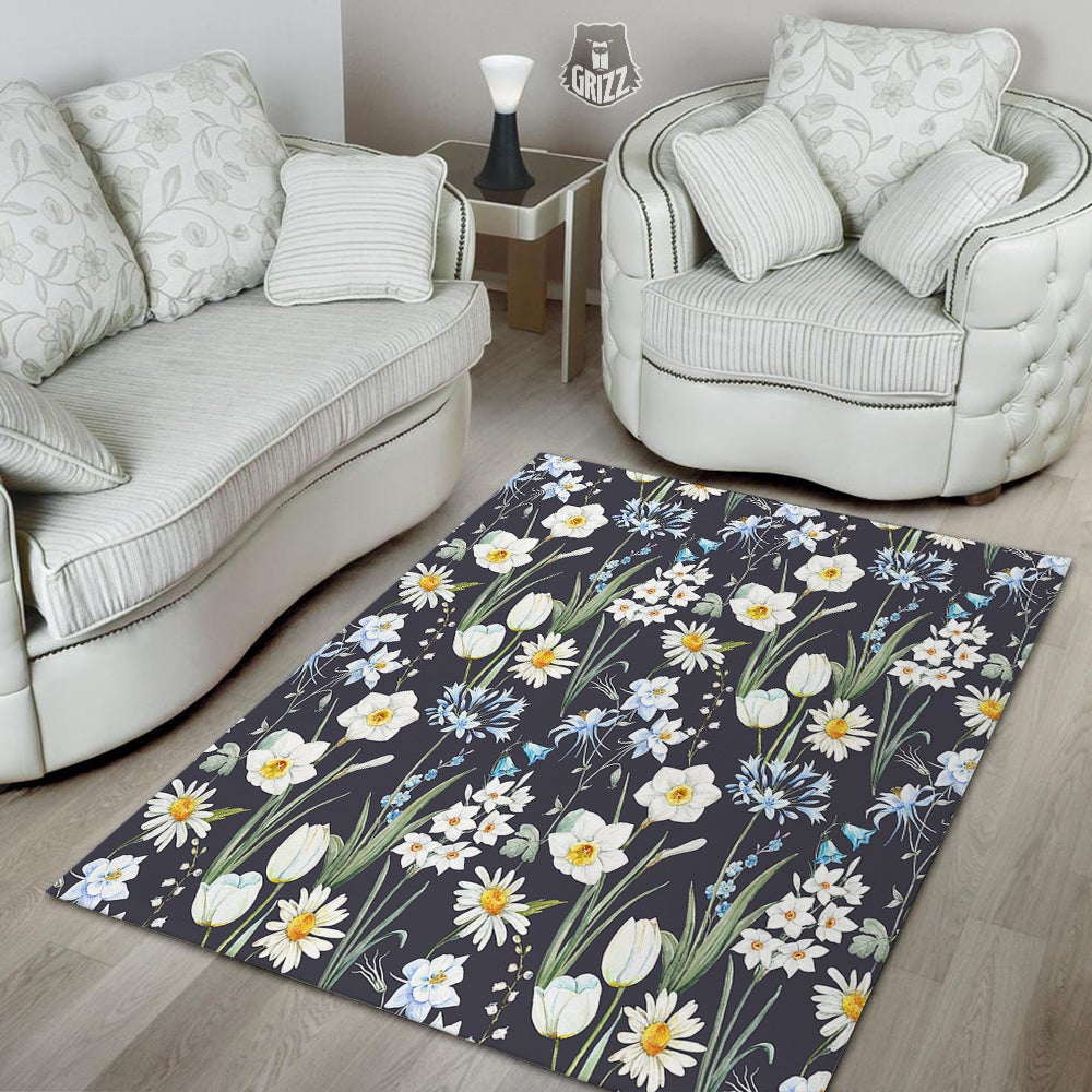 Flower White Daffodil Print Pattern Floor Mat-grizzshop