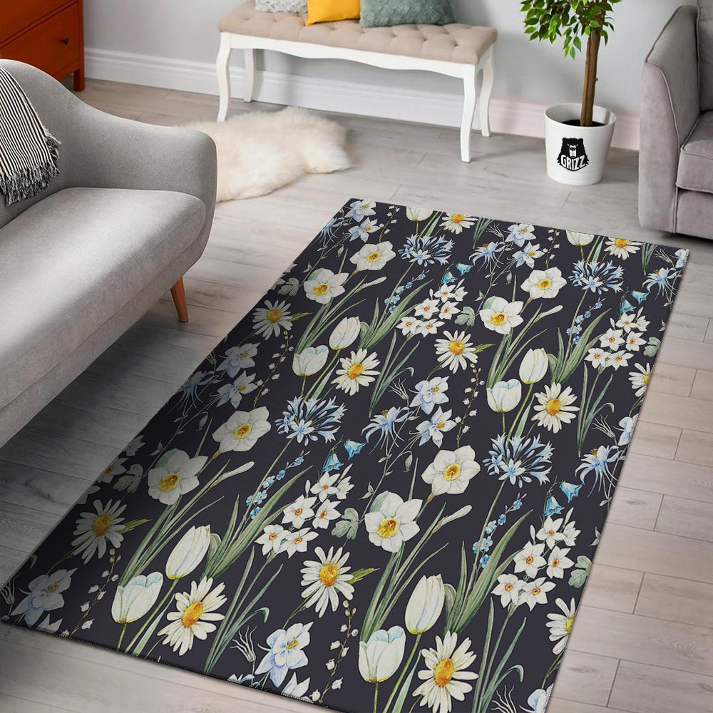 Flower White Daffodil Print Pattern Floor Mat-grizzshop