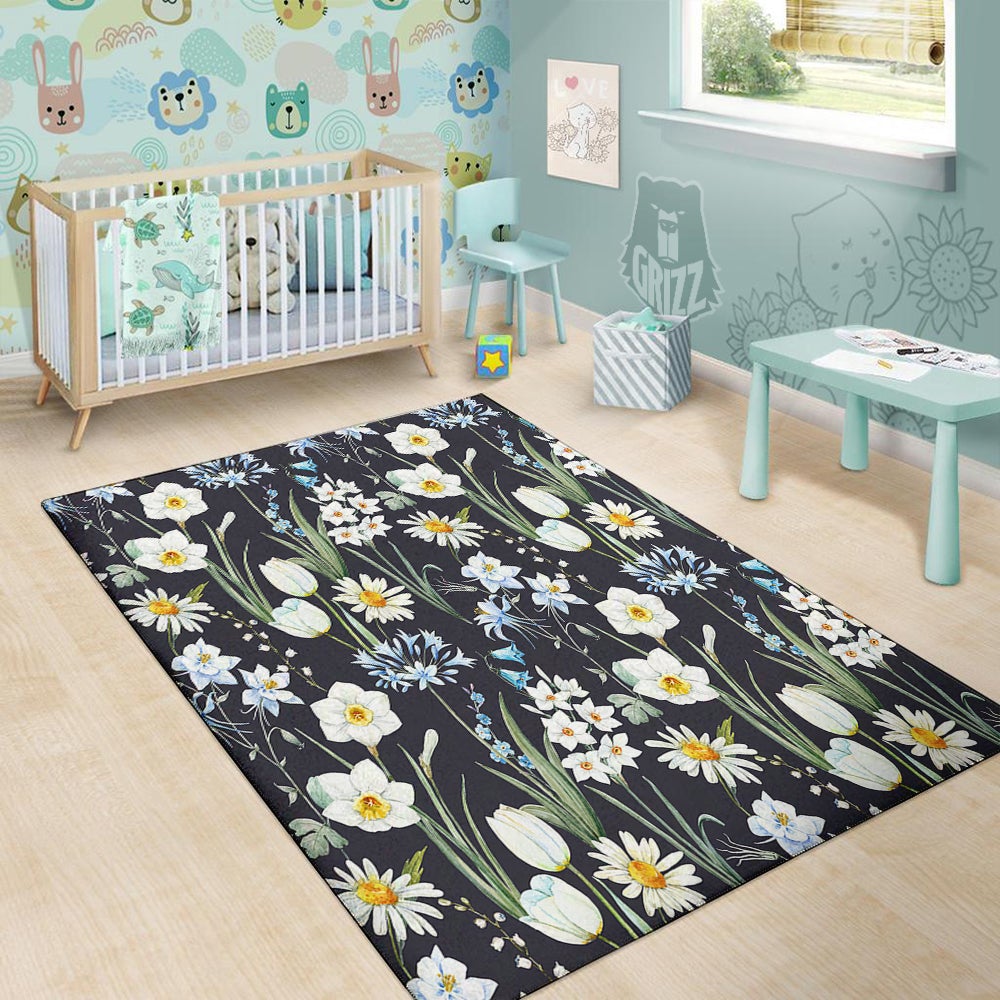 Flower White Daffodil Print Pattern Floor Mat-grizzshop