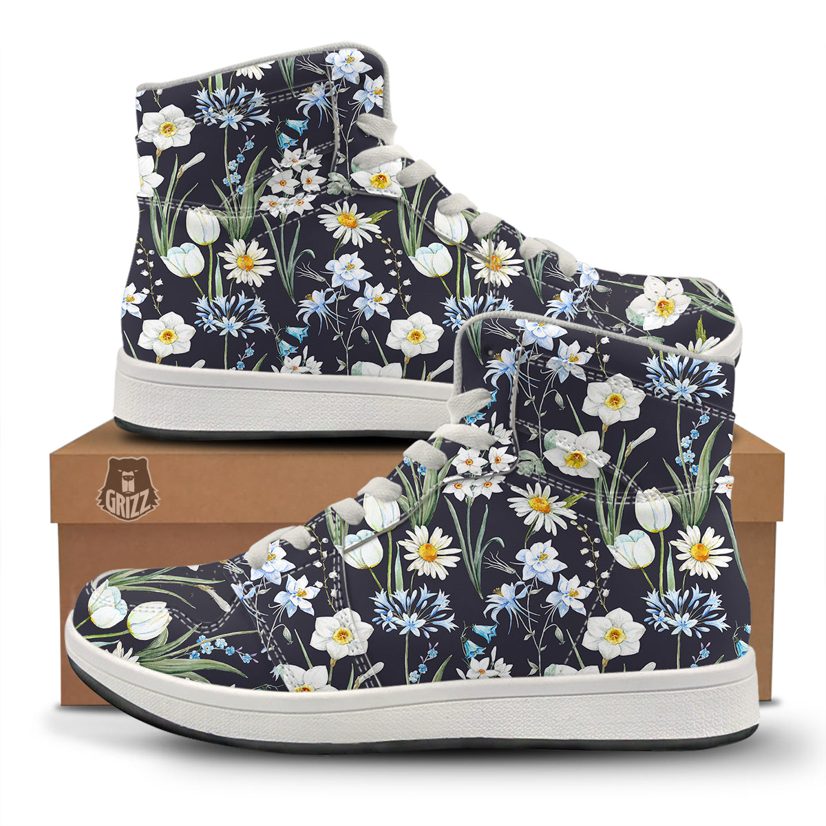 Flower White Daffodil Print Pattern High Top Sneakers-grizzshop