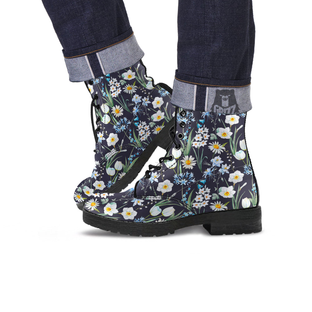 Flower White Daffodil Print Pattern Leather Boots-grizzshop