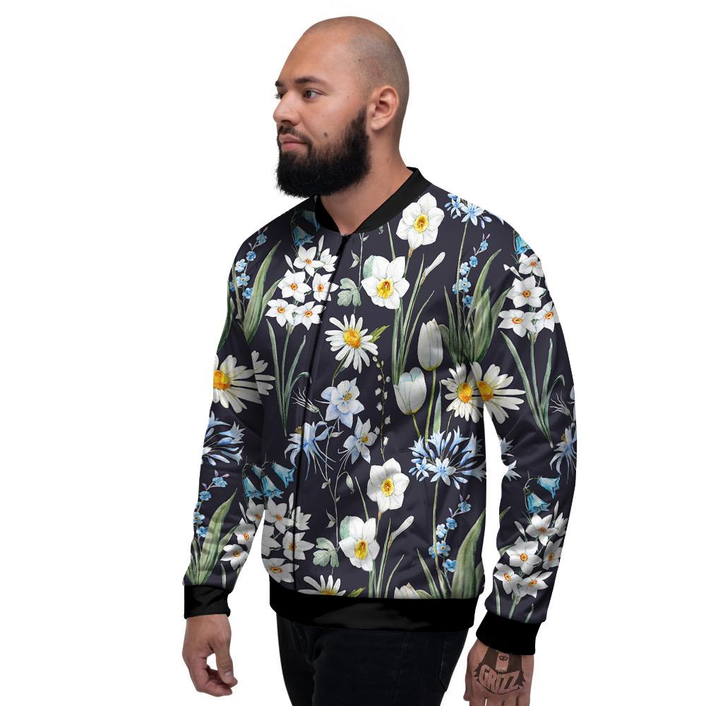 Flower White Daffodil Print Pattern Men's Bomber Jacket-grizzshop