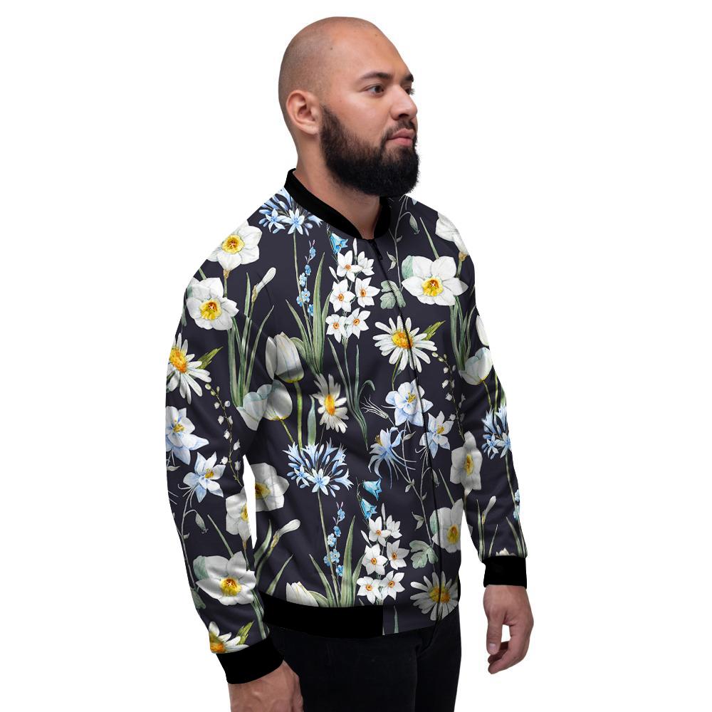 Flower White Daffodil Print Pattern Men's Bomber Jacket-grizzshop