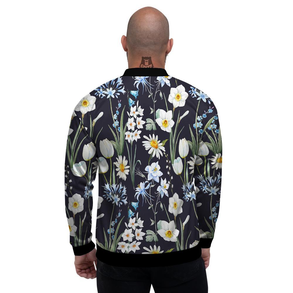 Flower White Daffodil Print Pattern Men's Bomber Jacket-grizzshop