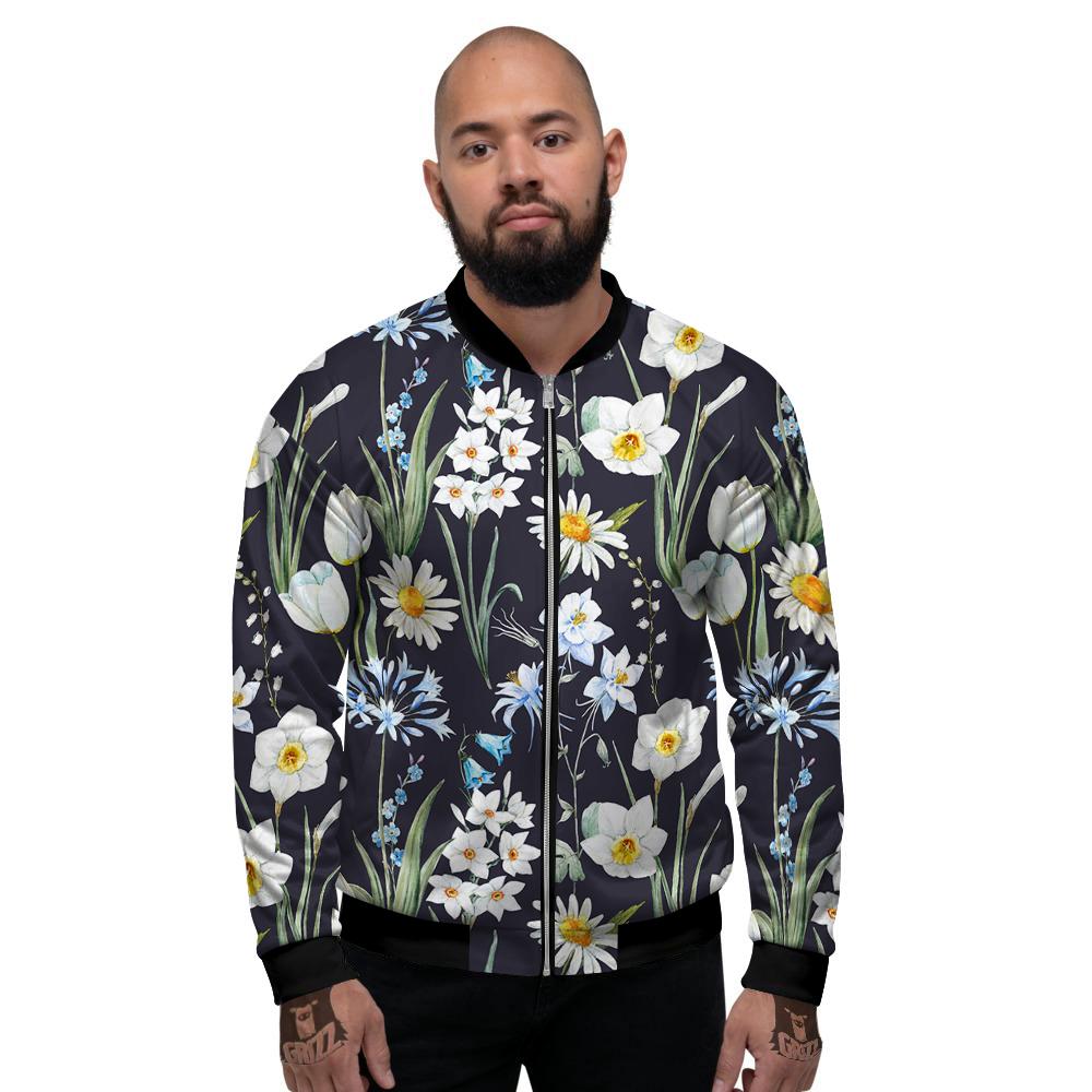 Flower White Daffodil Print Pattern Men's Bomber Jacket-grizzshop