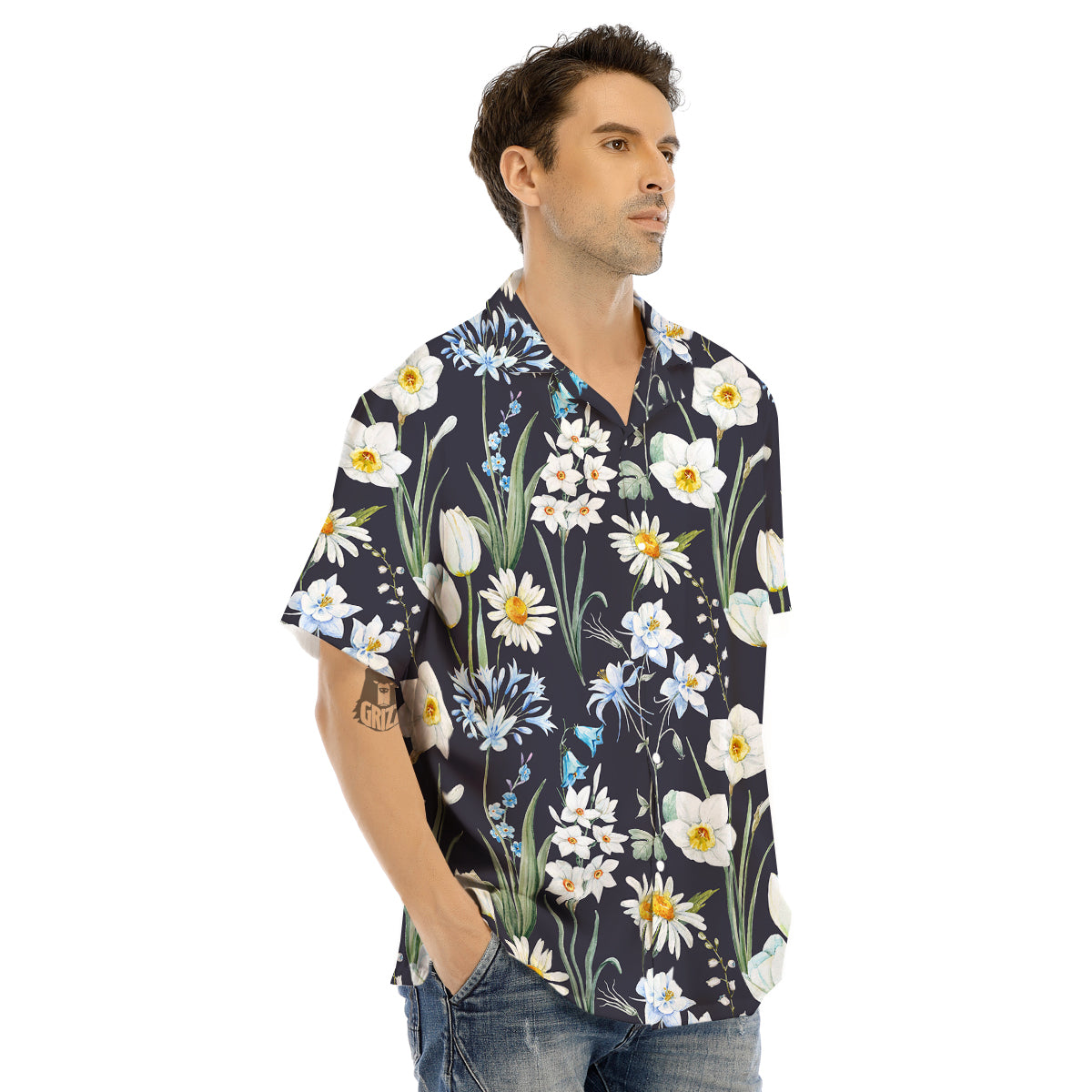 Flower White Daffodil Print Pattern Men's Hawaiian Shirt-grizzshop